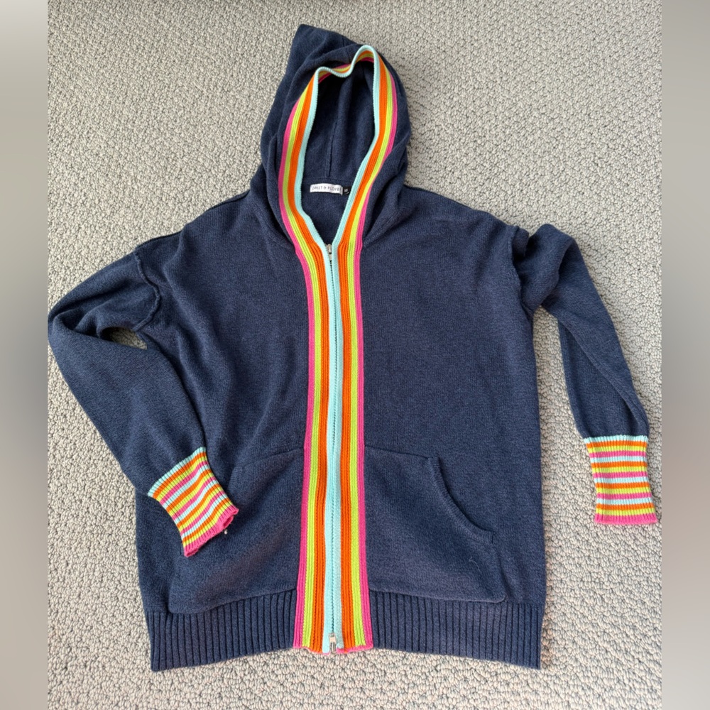 Cashmere Navy Hooded Zip Sweater with Colorful Trim